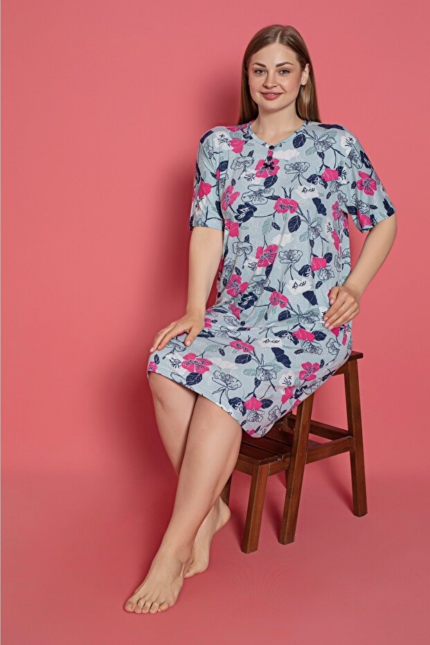 Plus Size Lycra Patterned Nightgown - 1