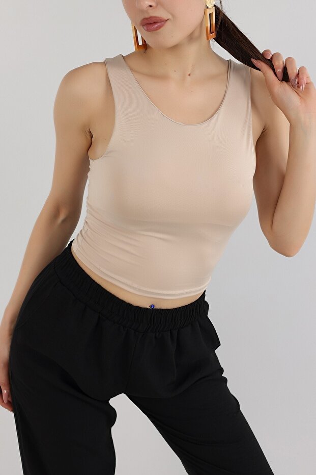 Beige Double Layer Sleeveless Blouse - 2