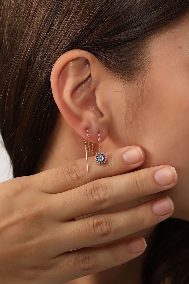 925 Ayar Gümüş Zincirli Rose Kaplama Mavi Zirkon Taşlı Güneş Model Küpe - 2
