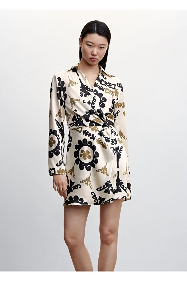 Desenli Saten Elbise - 1