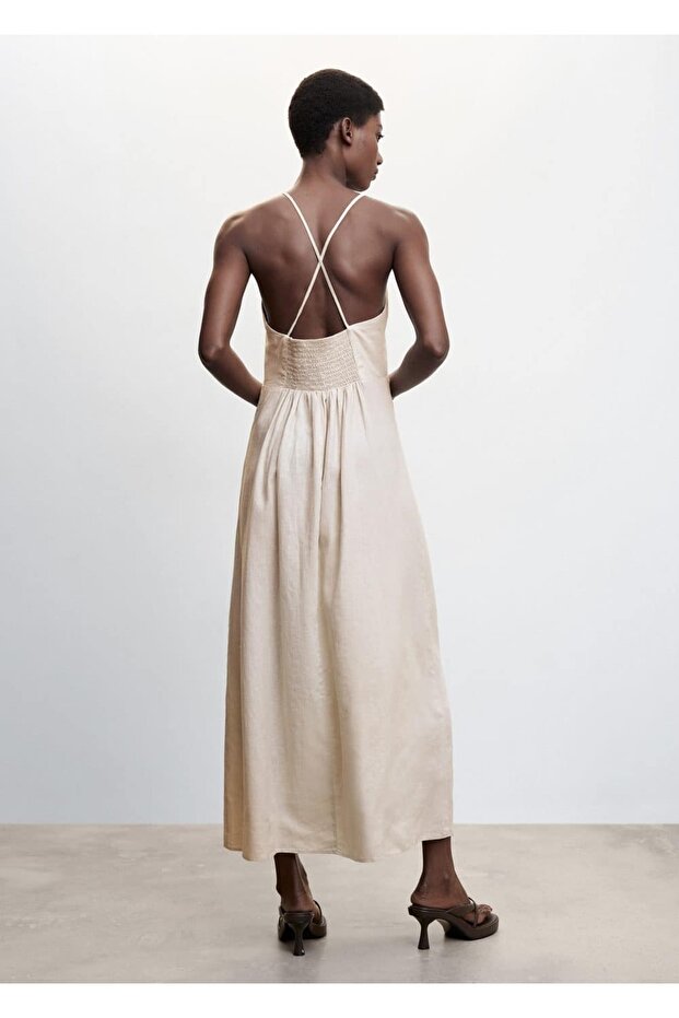 Sırtı Çapraz Keten Elbise - 4