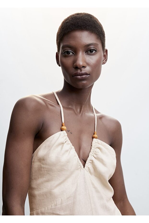 Sırtı Çapraz Keten Elbise - 5