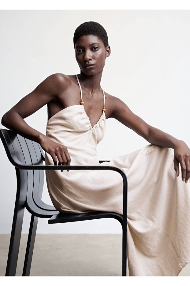 Sırtı Çapraz Keten Elbise - 7