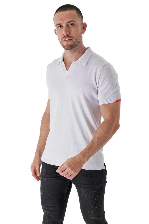 Men's Polo Neck Contrast Line Detailed Cotton Thin Knitwear T-shirt White 22sm209