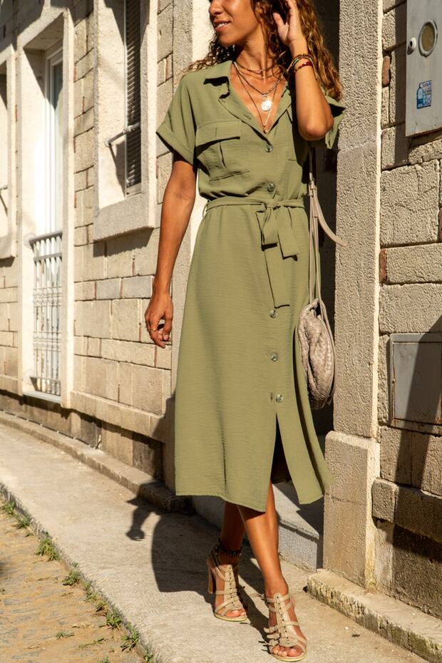 Women's Khaki Pocket Belted Safari Airobin Dress GK-BSTK4045