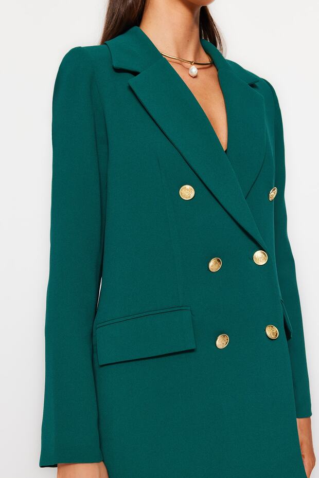 Zümrüt Yeşili Astarlı Kruvaze Kapama Dokuma Blazer Ceket TWOSS20CE0024 - 6