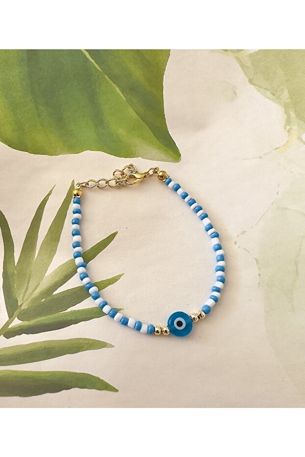 Blue and White Bracelet with Glass Evil Eye Beads