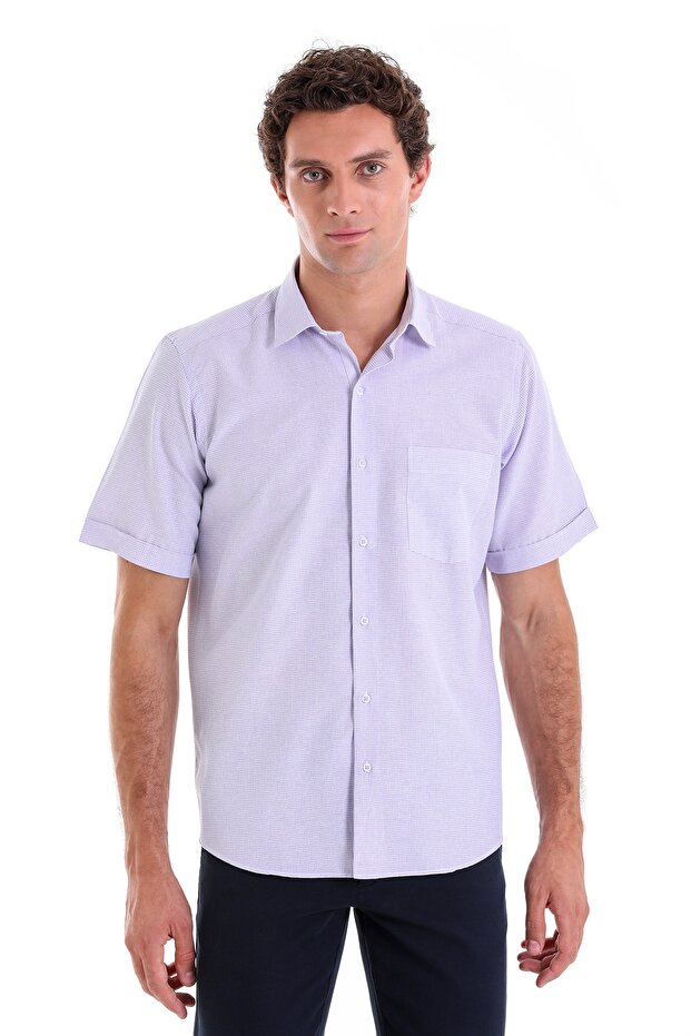 Lilac Comfort Fit Checkered Cotton Slim Collar Short Sleeve Classic Shirt