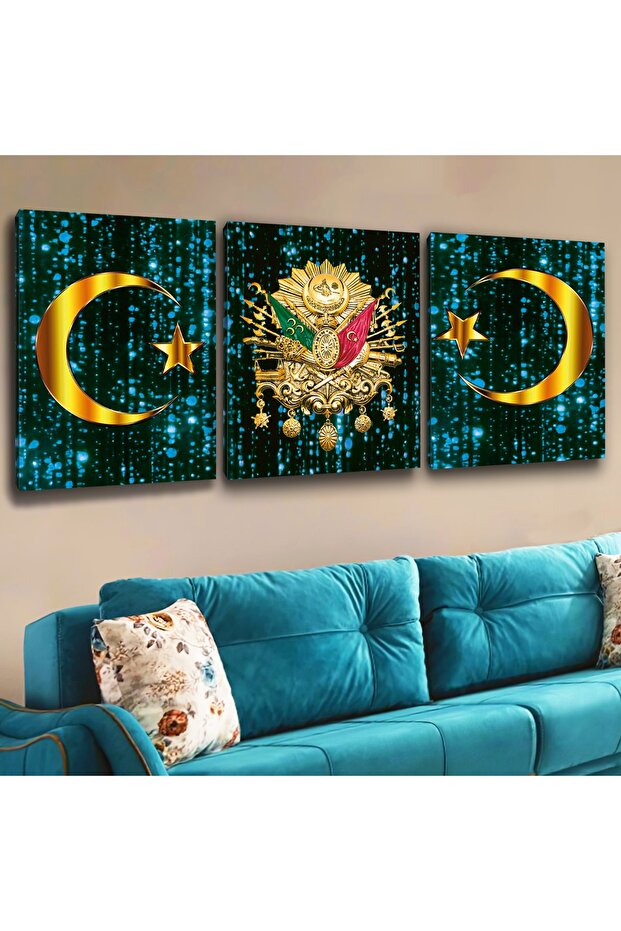 Zevahir 3-Piece Canvas Blue Ottoman Monogram and Crescent Painting