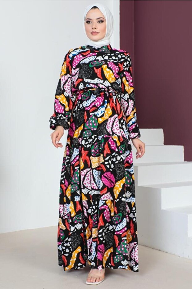 8158 Patterned Viscose Hijab Dress Black