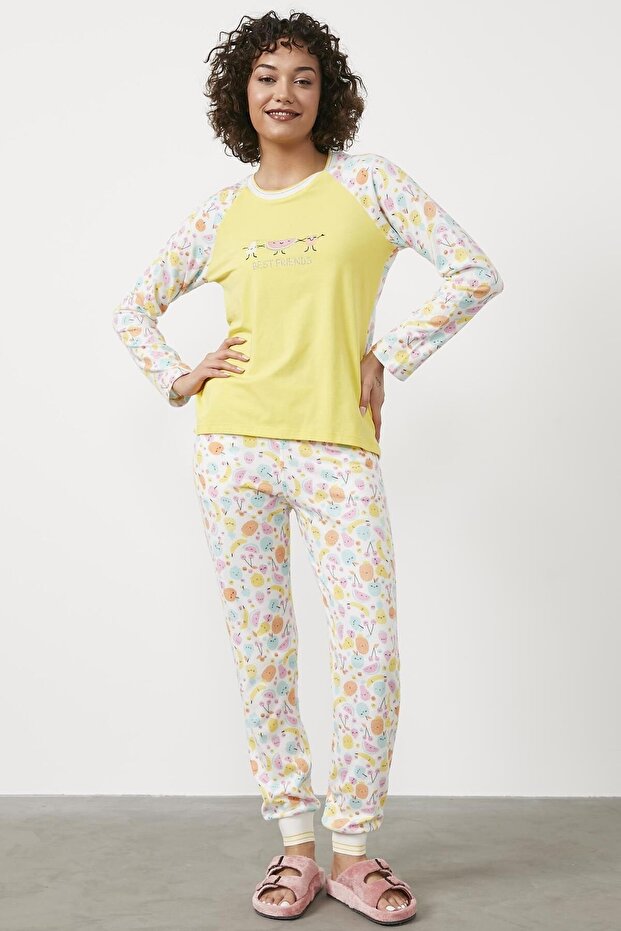 طقم بيجامة حرارية منقوشة - أصفر - 2
