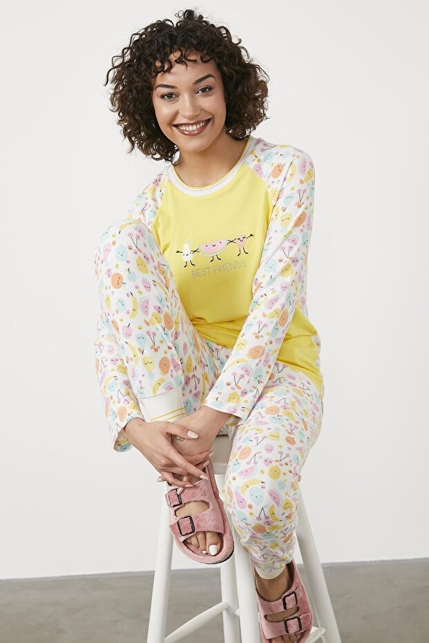 طقم بيجامة حرارية منقوشة - أصفر - 5