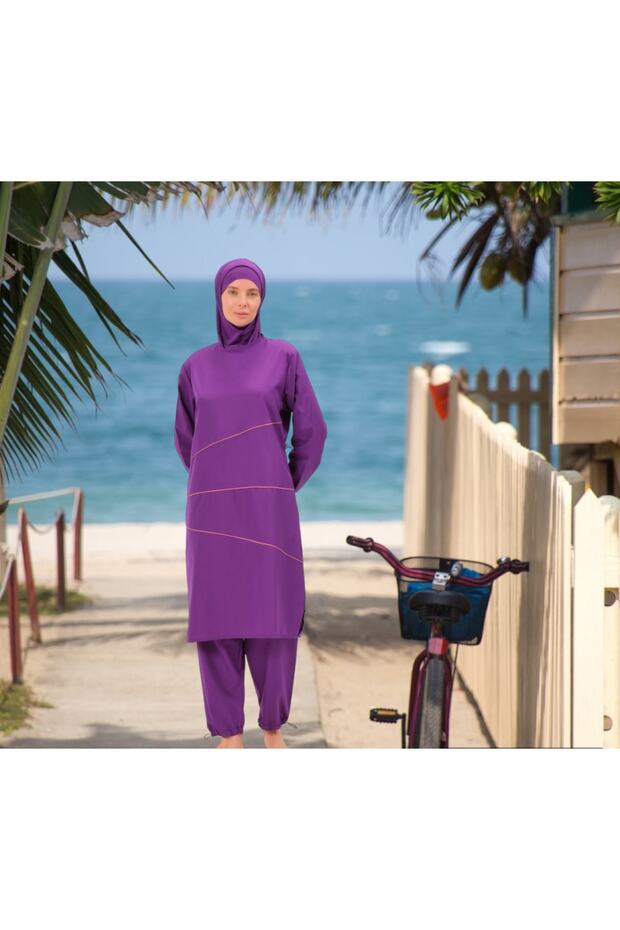 Long Micro Sleeve Floral Patterned Full Hijab Swimsuit