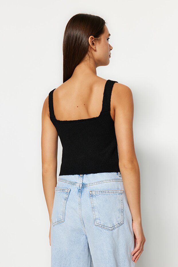 Siyah Crop Yumuşak Dokulu Bluz-Hırka Triko Takım TWOAW21HI0107 - 3