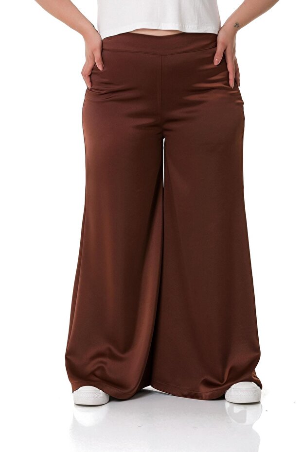 Large Size Wide Leg Satin Brown Trousers with Elastic Waist and Back
