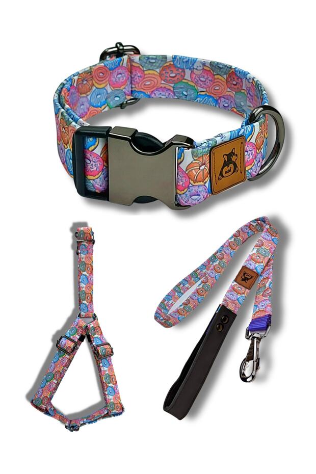 طقم طوق كلب منقوش على شكل دونات - 1