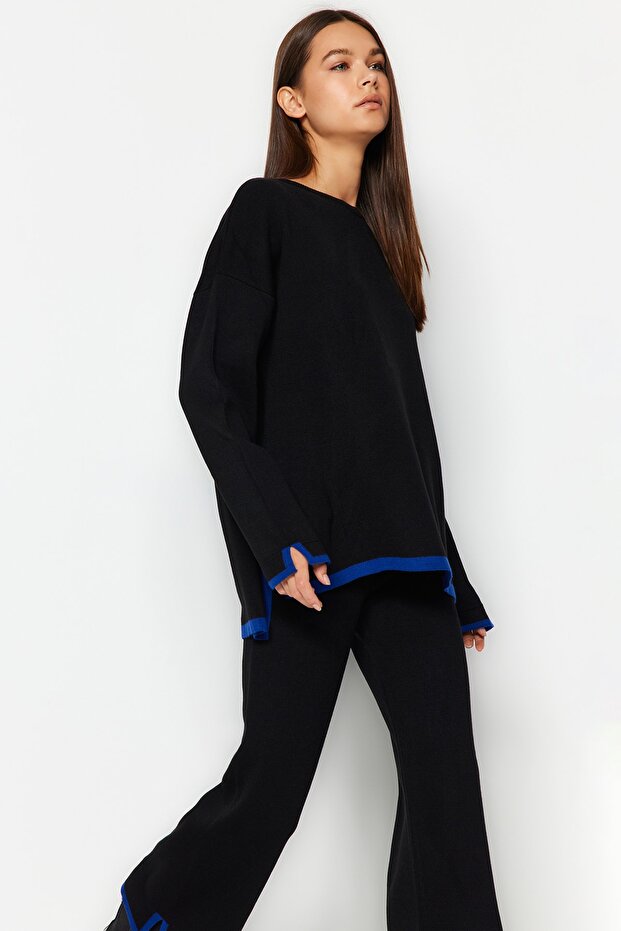 Black Wide Fit Contrast Color Knitwear Top and Bottom Set TWOAW24AU00062 - 2