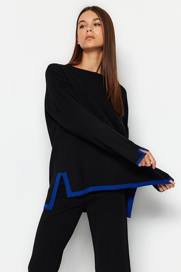 Black Wide Fit Contrast Color Knitwear Top and Bottom Set TWOAW24AU00062 - 3