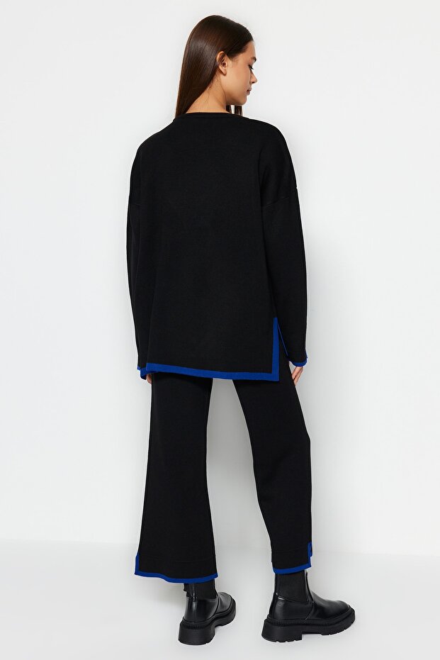 Black Wide Fit Contrast Color Knitwear Top and Bottom Set TWOAW24AU00062 - 6