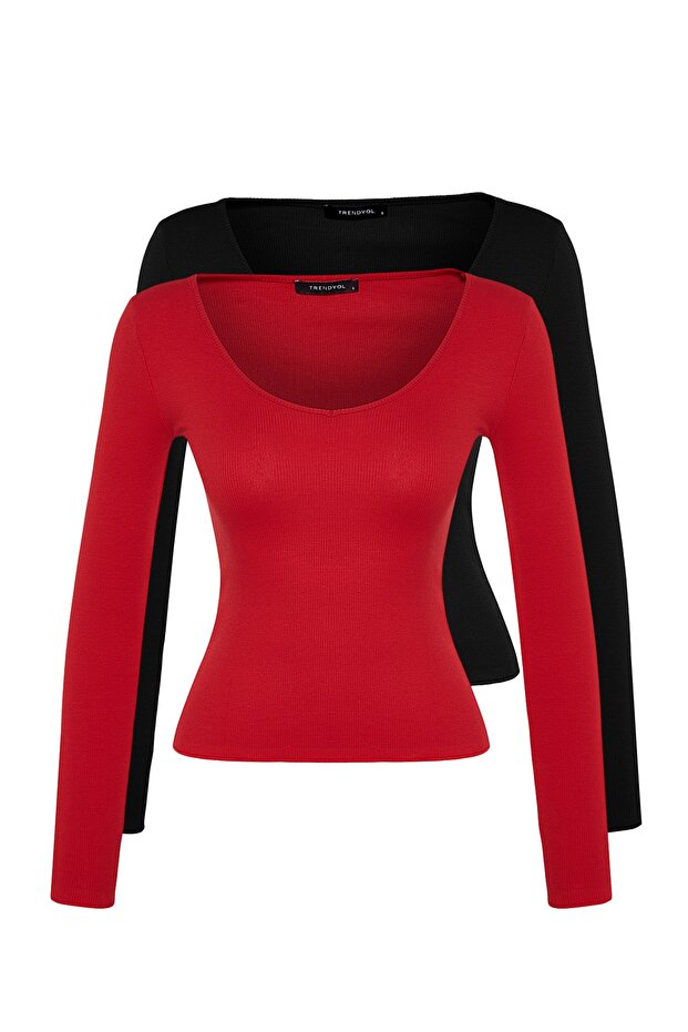 Siyah-Kırmızı 2'li Paket V Yaka Fitted/Vücuda Oturan Pamuklu Esnek Örme Bluz TWOAW24BZ00068 - 2