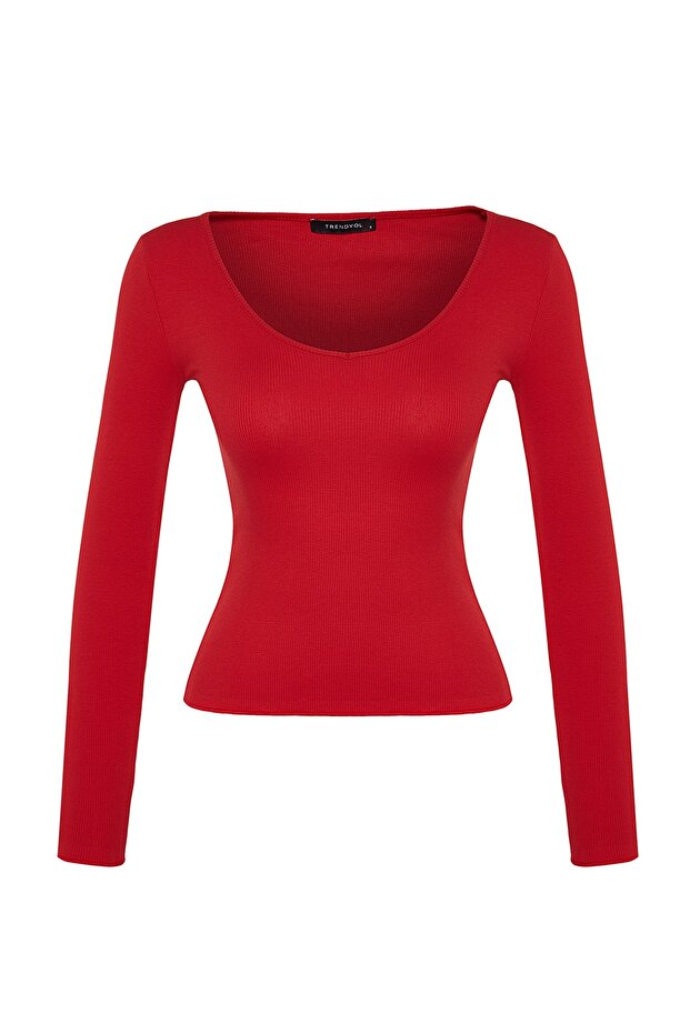 Siyah-Kırmızı 2'li Paket V Yaka Fitted/Vücuda Oturan Pamuklu Esnek Örme Bluz TWOAW24BZ00068 - 4