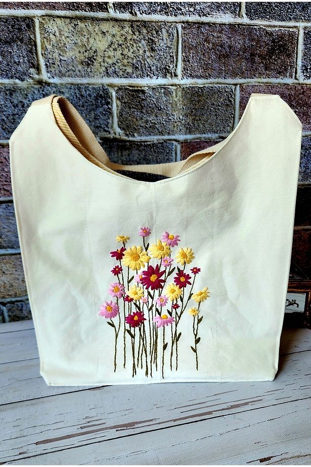 El Yapımı, KREM Kot , Nakışlı Çanta %100 Handmade - 5