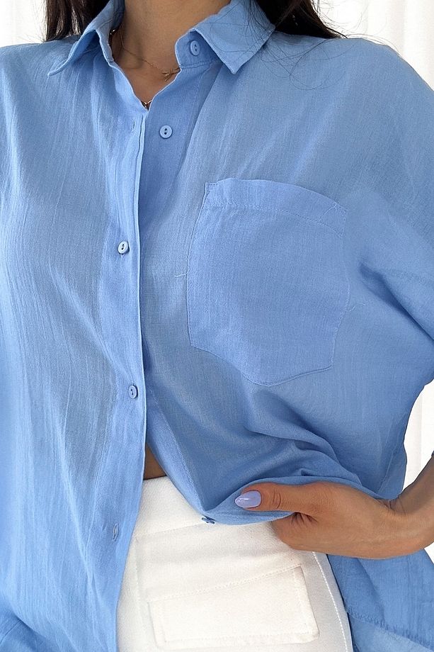 Kadın Mavi Yeni Sezon Fakir Kol Tek Cep Oversize Pamuk Gömlek - 3