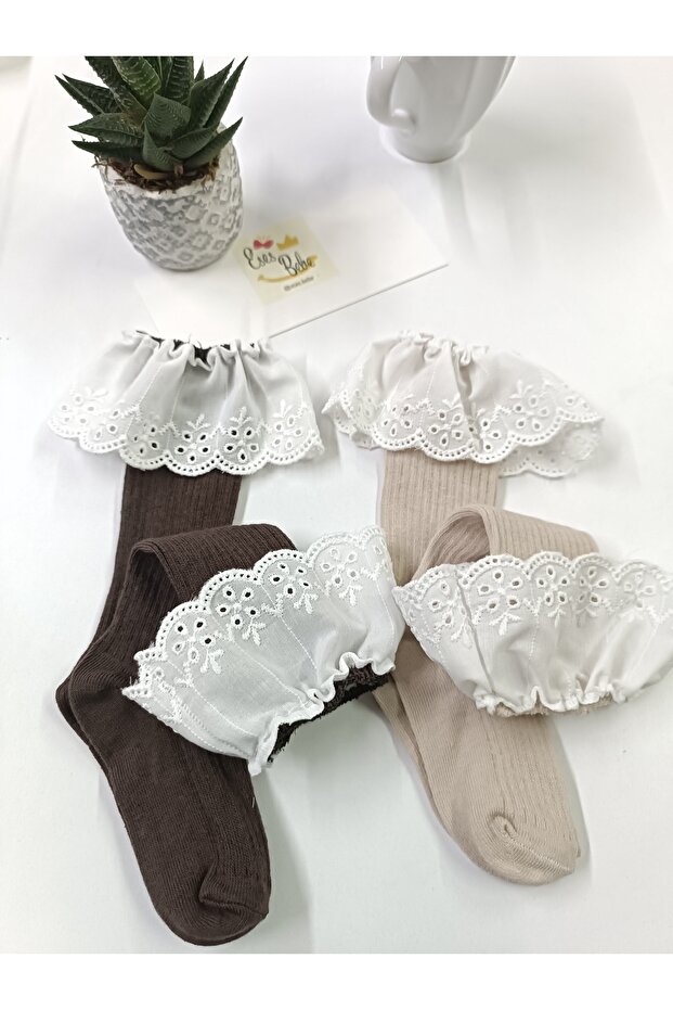 beige brown lacy knee length baby kids socks