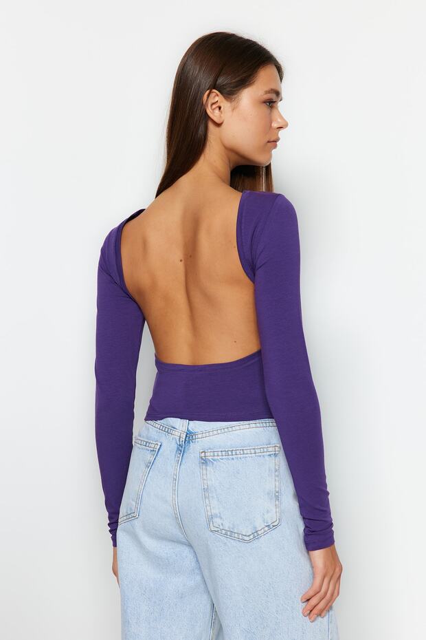Mor Derin Sırt Dekolteli Fitted/Vücuda Oturan Pamuklu Esnek Örme Bluz TWOAW24BZ00173 - 3