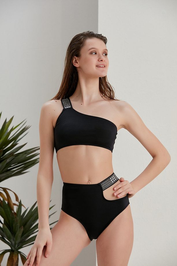Tek Omuz Taşlı Lastik Detaylı Yüksek Bel Astarlı Bikini Takımı - 1