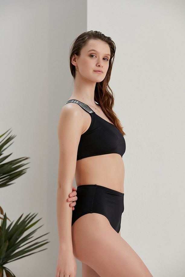 Tek Omuz Taşlı Lastik Detaylı Yüksek Bel Astarlı Bikini Takımı - 5