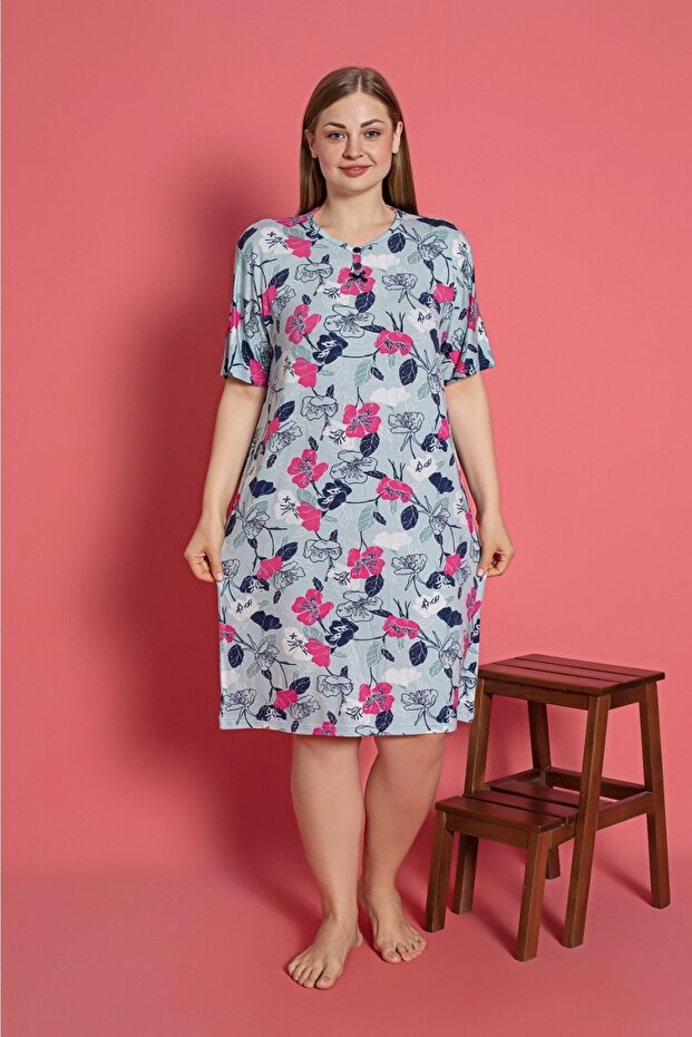 Plus Size Lycra Patterned Nightgown - 2