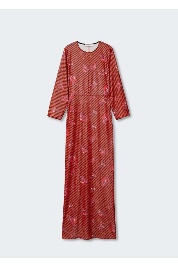 Dokulu Çiçekli Uzun Elbise - 3