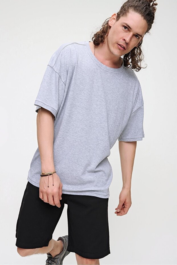 Men's Gray Premium Crew Neck Textured Oversize Slit Detailed T-shirt 21s104
