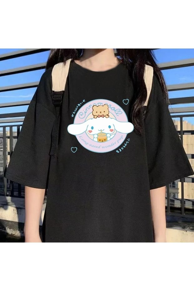 Cinnamoroll Printed Black Oversize Girls' T-shirt Tshirt T-Shirt