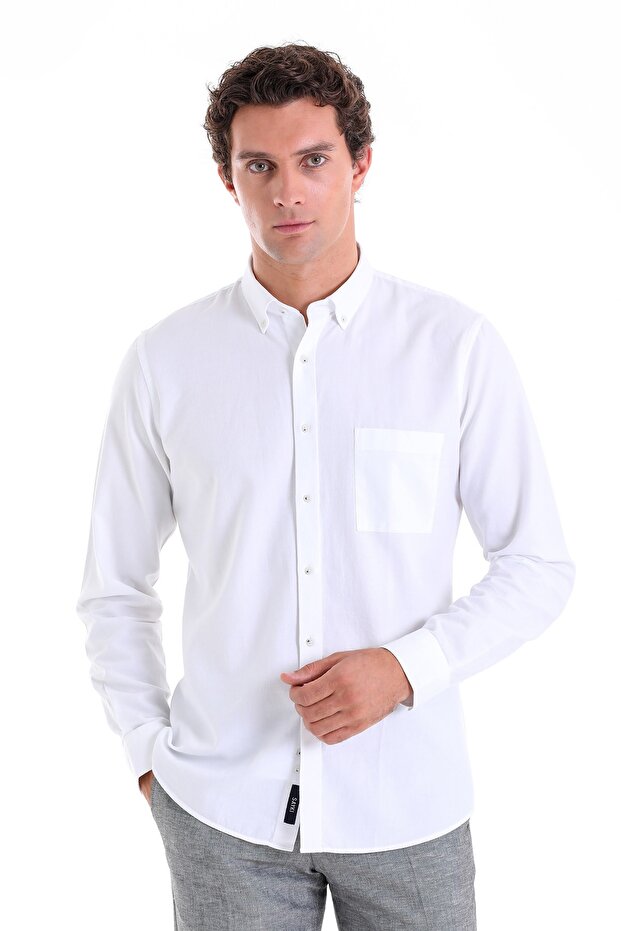 White Comfort Fit Plain 100% Cotton Buttoned Collar Long Sleeve Casual Oxford Shirt