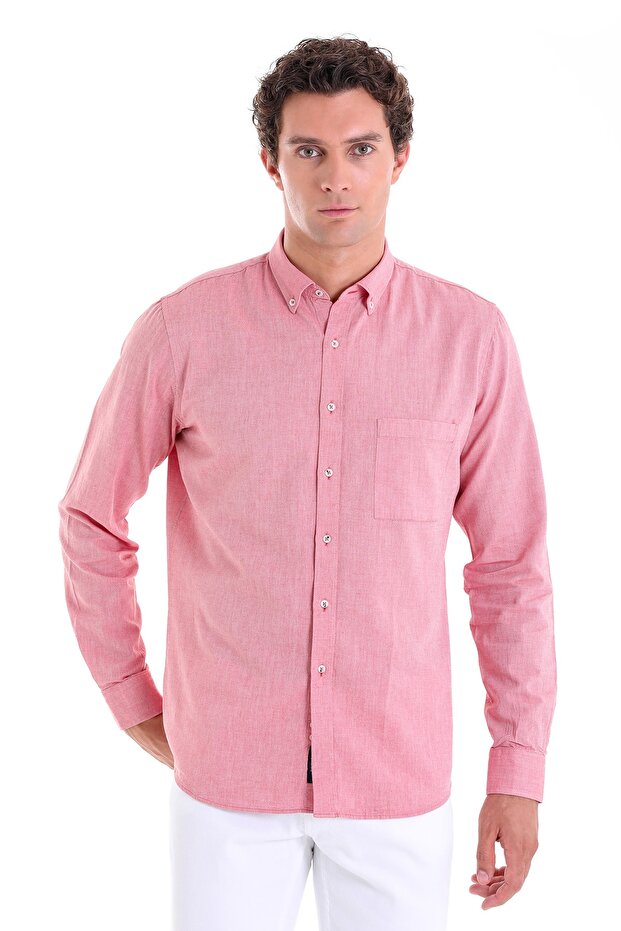 Claret Red Comfort Fit Plain 100% Cotton Buttoned Collar Long Sleeve Casual Oxford Shirt