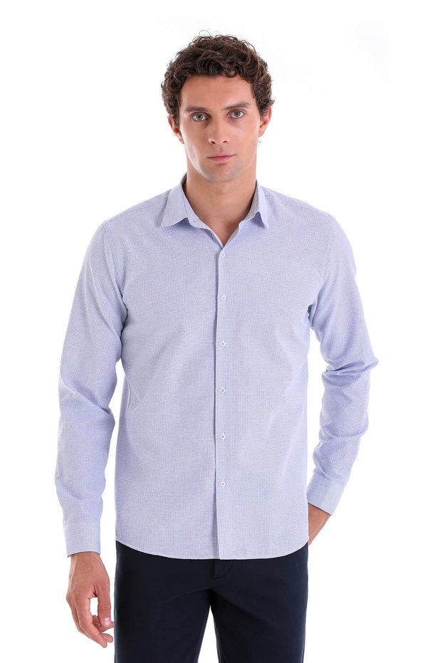 Navy Blue Striped Slim Fit Cotton Shirt - Long Sleeve, Casual Collar