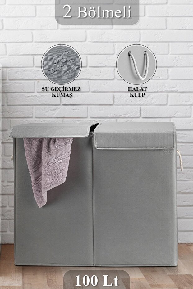 Meleni Home Iki Bölmeli Mega Boy Çamaşır Sepeti - Kulplu Katlanır Banyo Kirli Çamaşır sepeti 50 Lt + 50 Lt