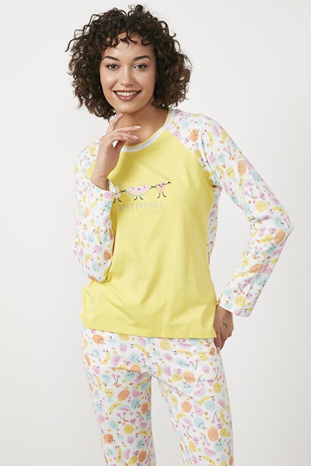 طقم بيجامة حرارية منقوشة - أصفر - 3