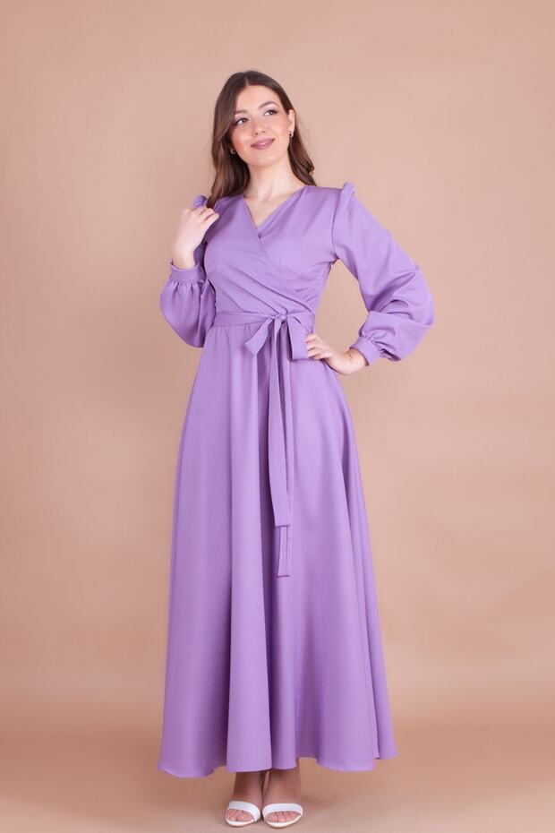 Lilac Double Breasted Collar Long Sleeve Buttoned Cuffed Long Length Belted Dress