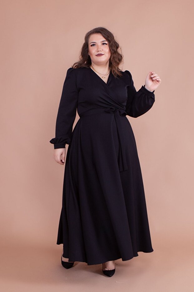 Black Double Breasted Collar Long Sleeve Buttoned Cuffed Long Length Belted Plus Size Dress
