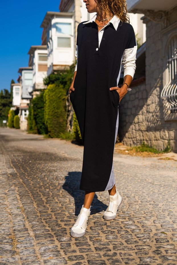 Women's Black Polo Neck Color Block Long Loose Tracksuit Dress GK-TD2014