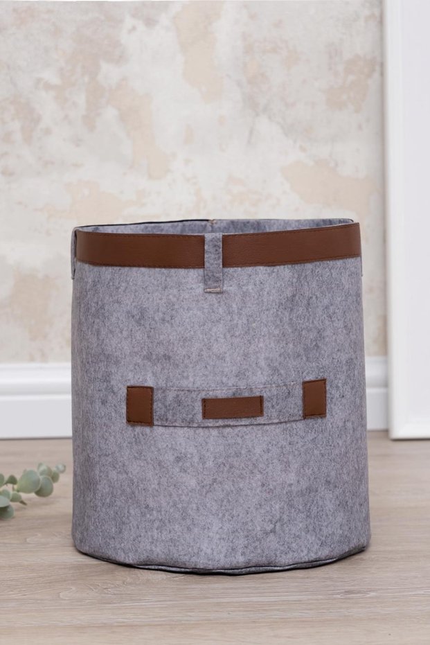 Multi-Purpose Leather Striped Round Organizer Basket, 23X25Cm, Maxi Size, Gray Color