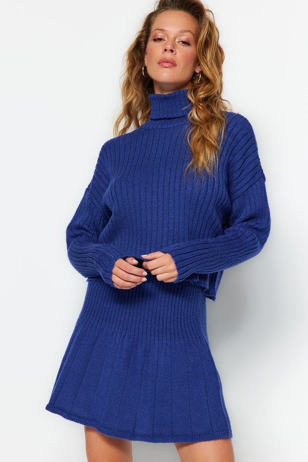 Cobalt blue Crop Super Wide Fit Soft Textured Pleated Skirted Knitwear Top and Bottom Set Twoaw24Au00019