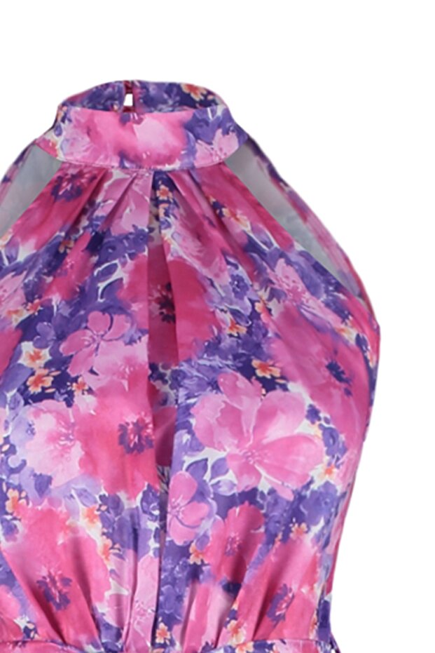 Fuşya Çiçek Desenli Halter Yaka A Kesim Saten Mini Dokuma Elbise TWOSS20EL2490 - 7