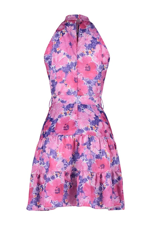 Fuşya Çiçek Desenli Halter Yaka A Kesim Saten Mini Dokuma Elbise TWOSS20EL2490 - 8