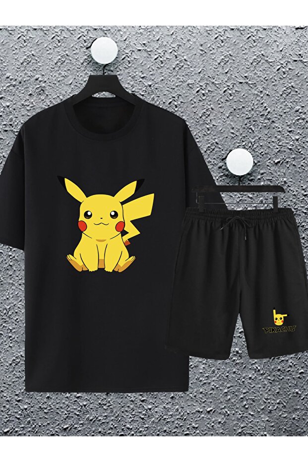 Unisex Women Men Cute Pikachu Printed Oversize Tshirt and Shorts Tracksuit Set