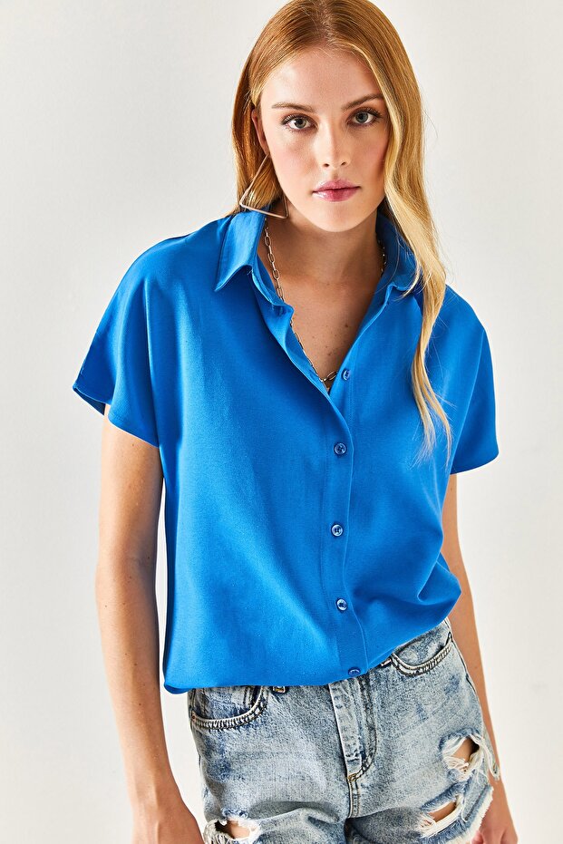 Women's Cobalt Blue Bat Oversize Linen Shirt GML-19001109
