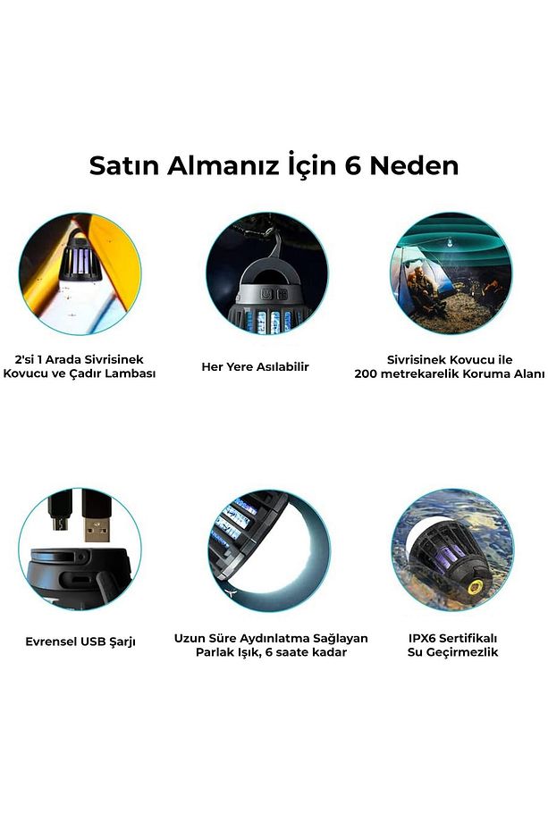 KL-01 Taşınabilir Kamp Lambası ve Şarj Edilebilir Sinek Kovucu LED Işıklı İç Dış Mekan Siyah - 6